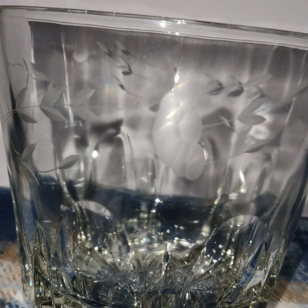 Heavy Vintage Lead Cut Clear With Ecthed Flower Home Interiors Ice Bucket.
